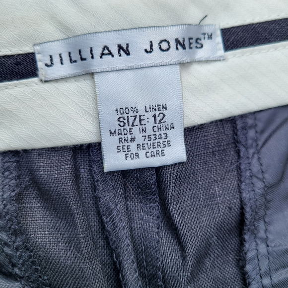 JILLIAN JONES Linen Pants Sz 12 Black with PinFloral Embroidered Hem Zip Closure - Picture 4 of 5